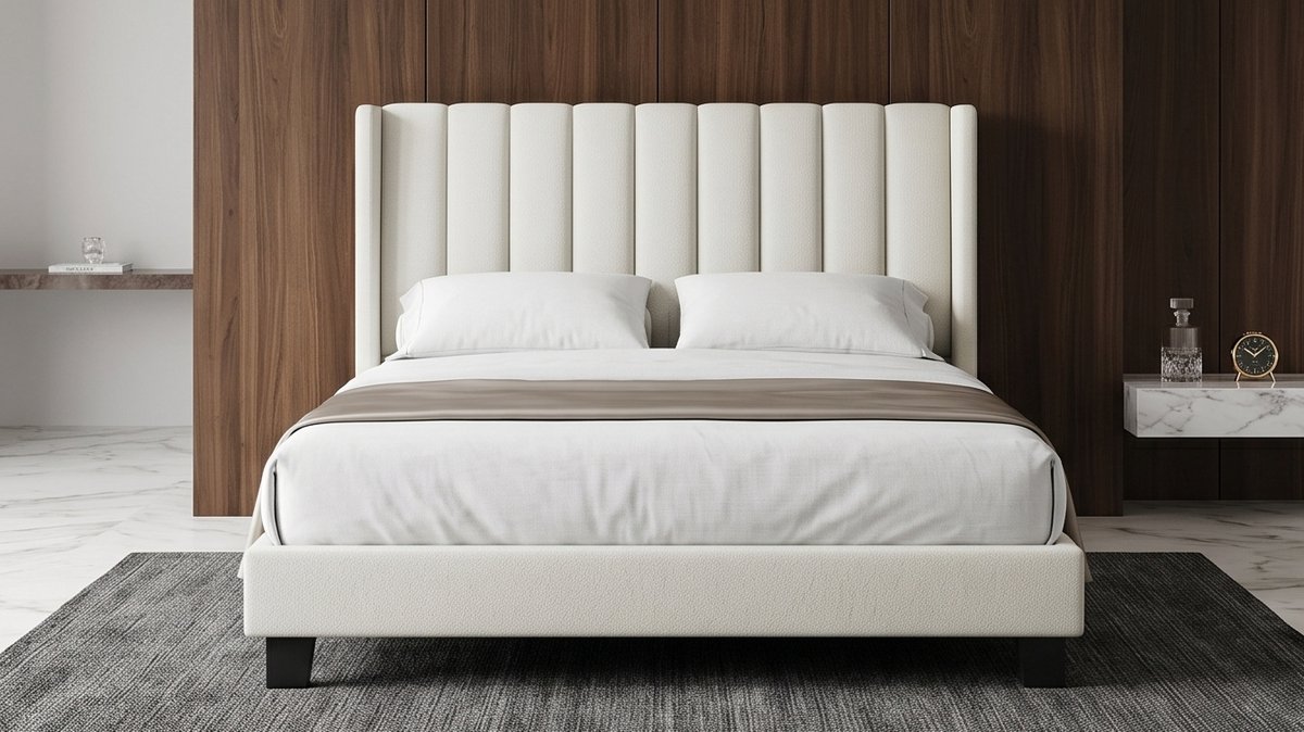 Luxora Wingback Gestoffeerd Tweepersoonsbed 140x200 cm - Modern Design Bedframe met Hoog Comfortabel Hoofdbord, Stille Lattenbodem met Klittenbandsysteem, Linnenlook Stoffering, Stabiel MDF Frame - Beige - Mobili Bella