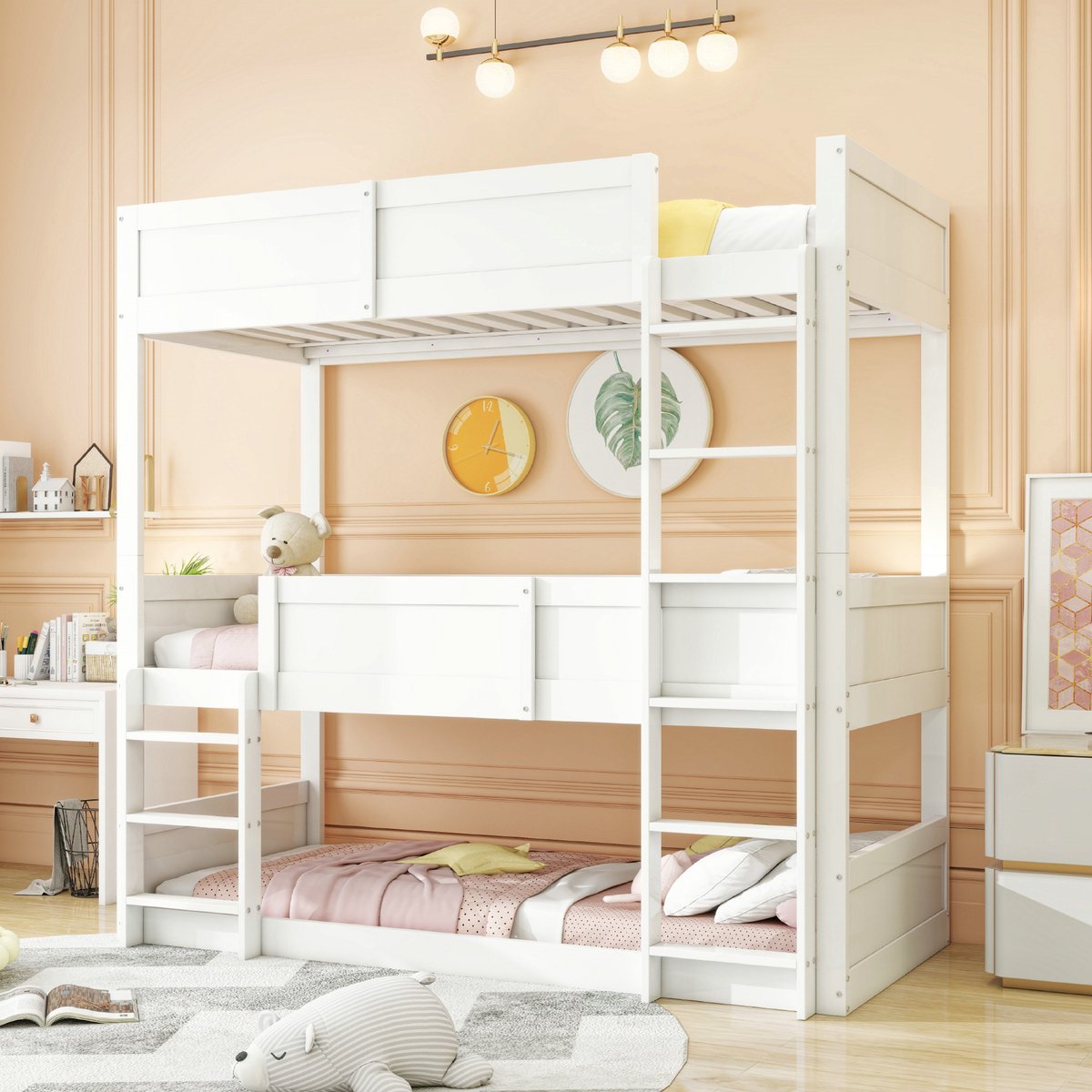 VVBV 3-Persoons Stapelbed 90x200 cm - Uitvalbeveiliging, Houten Lattenbodem, Voor Kinderen/Tieners - Massief Hout Wit
