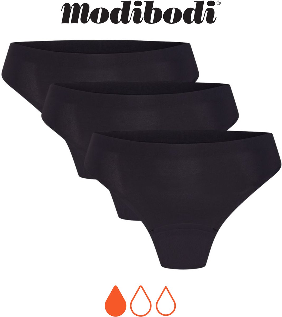 Modibodi Menstruatie Ondergoed Licht Absorberend Dames Naadloze String Zwart - 3 Pack