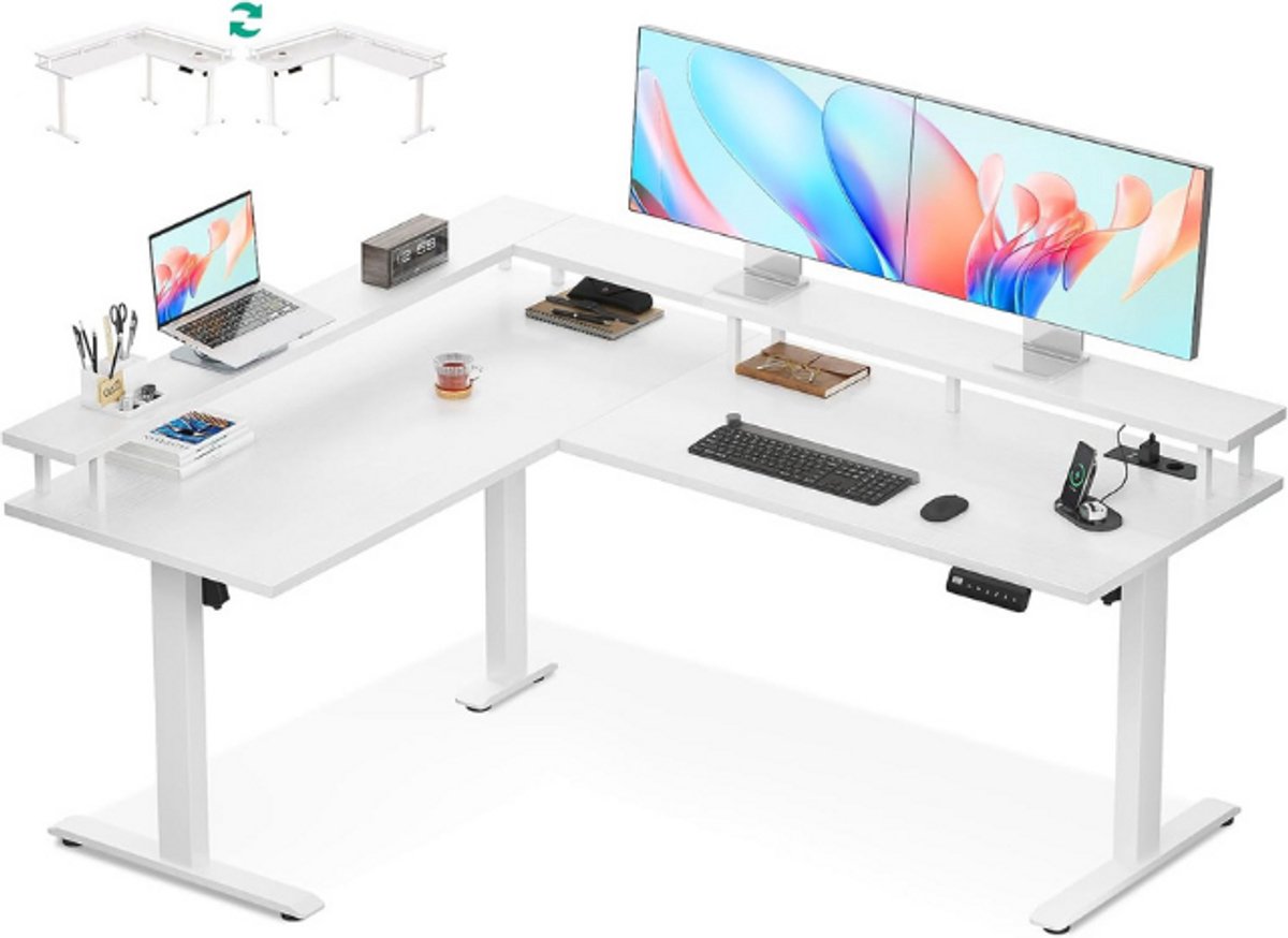 OffiGo hoekbureau in hoogte verstelbaar, 150x120cm elektrisch staand bureau met stopcontact, L-vormig staand bureau met monitorstandaard, wit