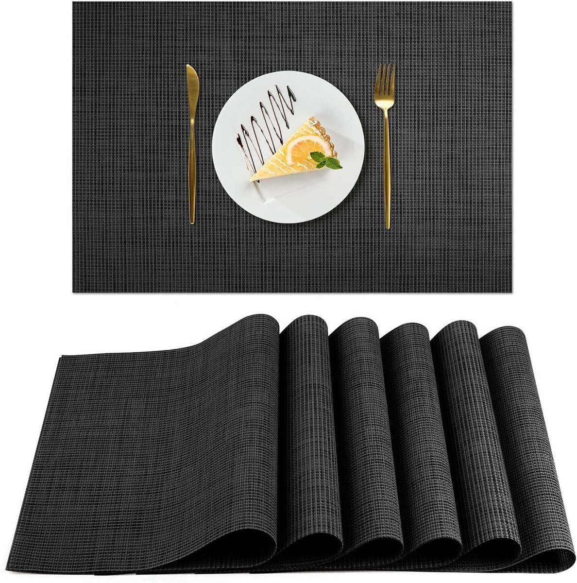 Set van 6 wasbare antislip tafelmatten - PVC vinyl - zwart