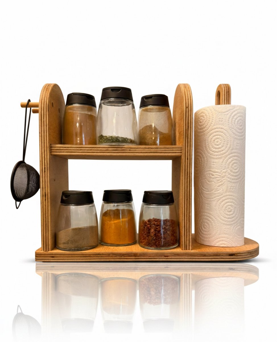 Houten Aanrecht Organizer | Keukenrek met Keukenrolhouder & Kruidenrek | Beukenhout | Inclusief Ophanghaken | 35x27x12 cm