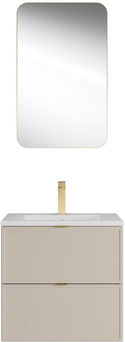 Vente-unique Zwevend badkamermeubel met inbouwwastafel, kraan en spiegel - Beige - 60 cm - ONDIL