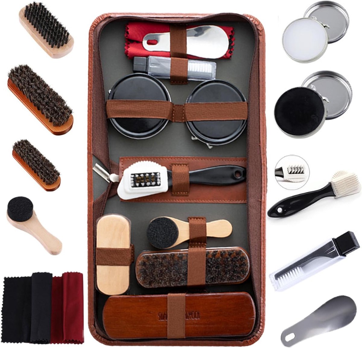 Schoenverzorgingsset met 10 onderdelen, inclusief luxe PU leren opbergcase, glansborstels en multifunctionele borstels voor optimale schoenonderhoud