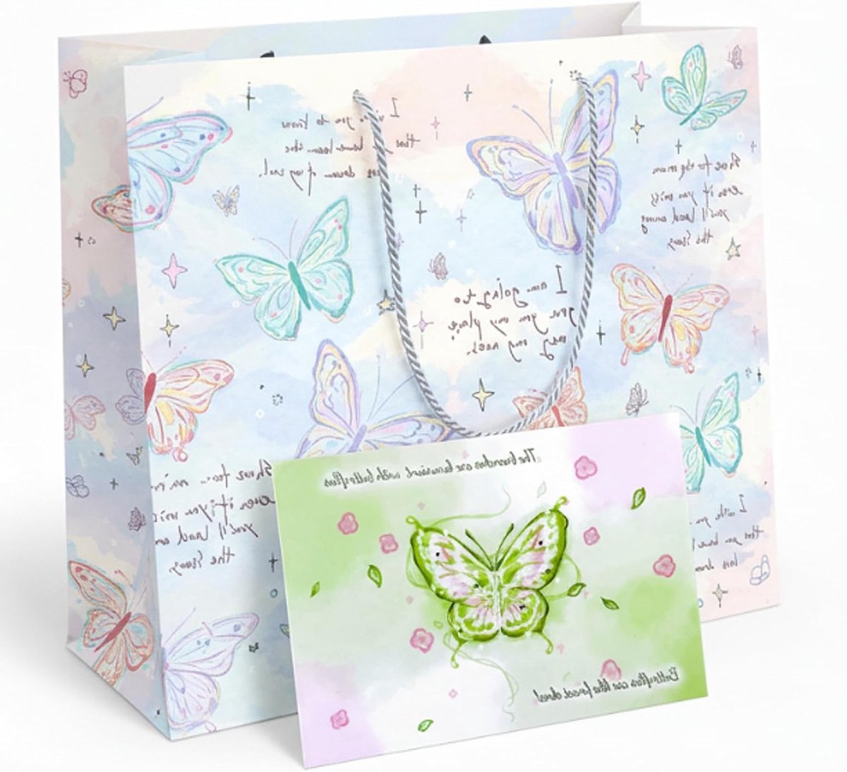 Cadeautas met handvat in vlindermotief – stevige papieren tas 24 x 20 x 10 cm voor feesten, inclusief vlinder-ansichtkaart en cadeauverpakking