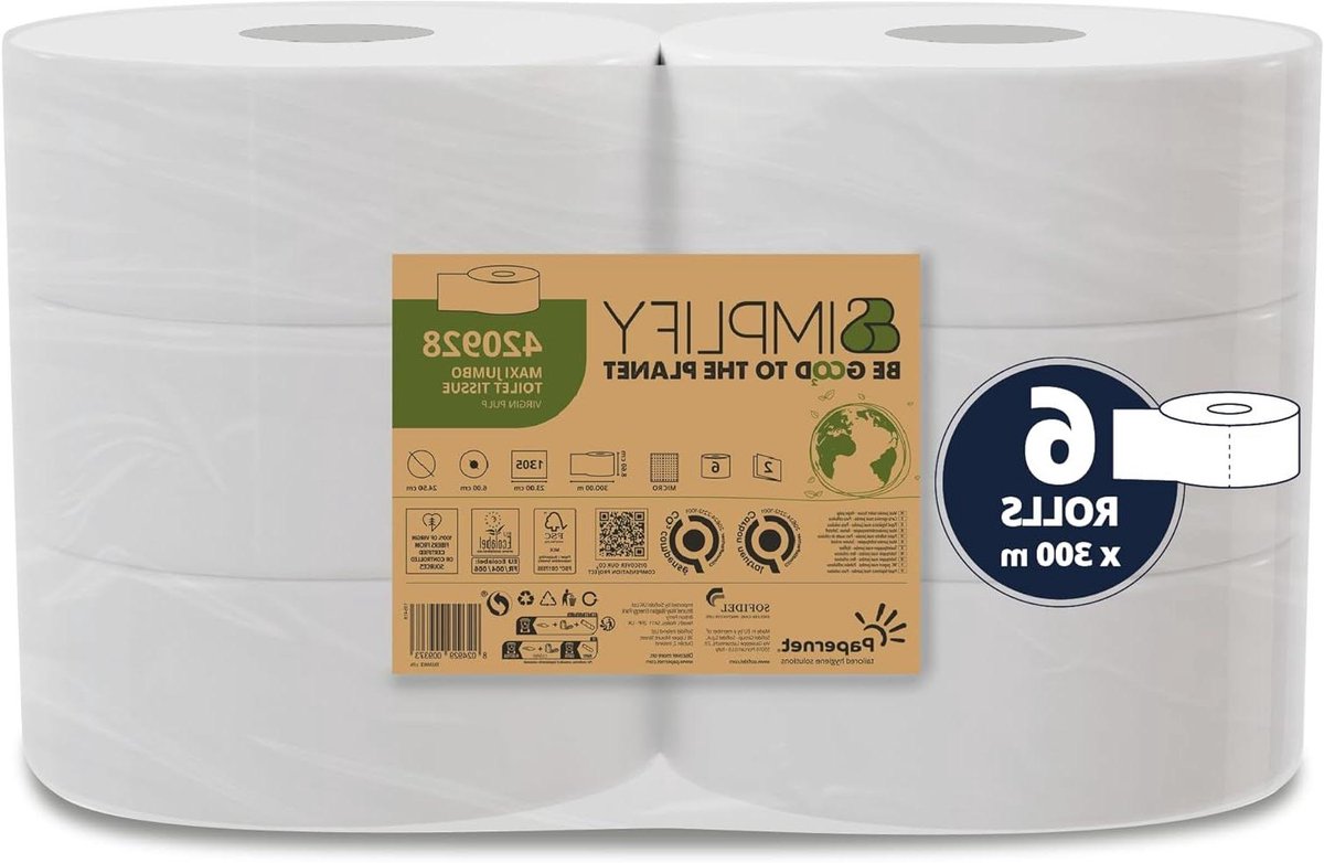 Maxi Jumbo Toiletpapier - Grote Rollen Toiletpapier - Minimaliseren Afval - Carbon Neutraal - 6 rollen 300m - Wit