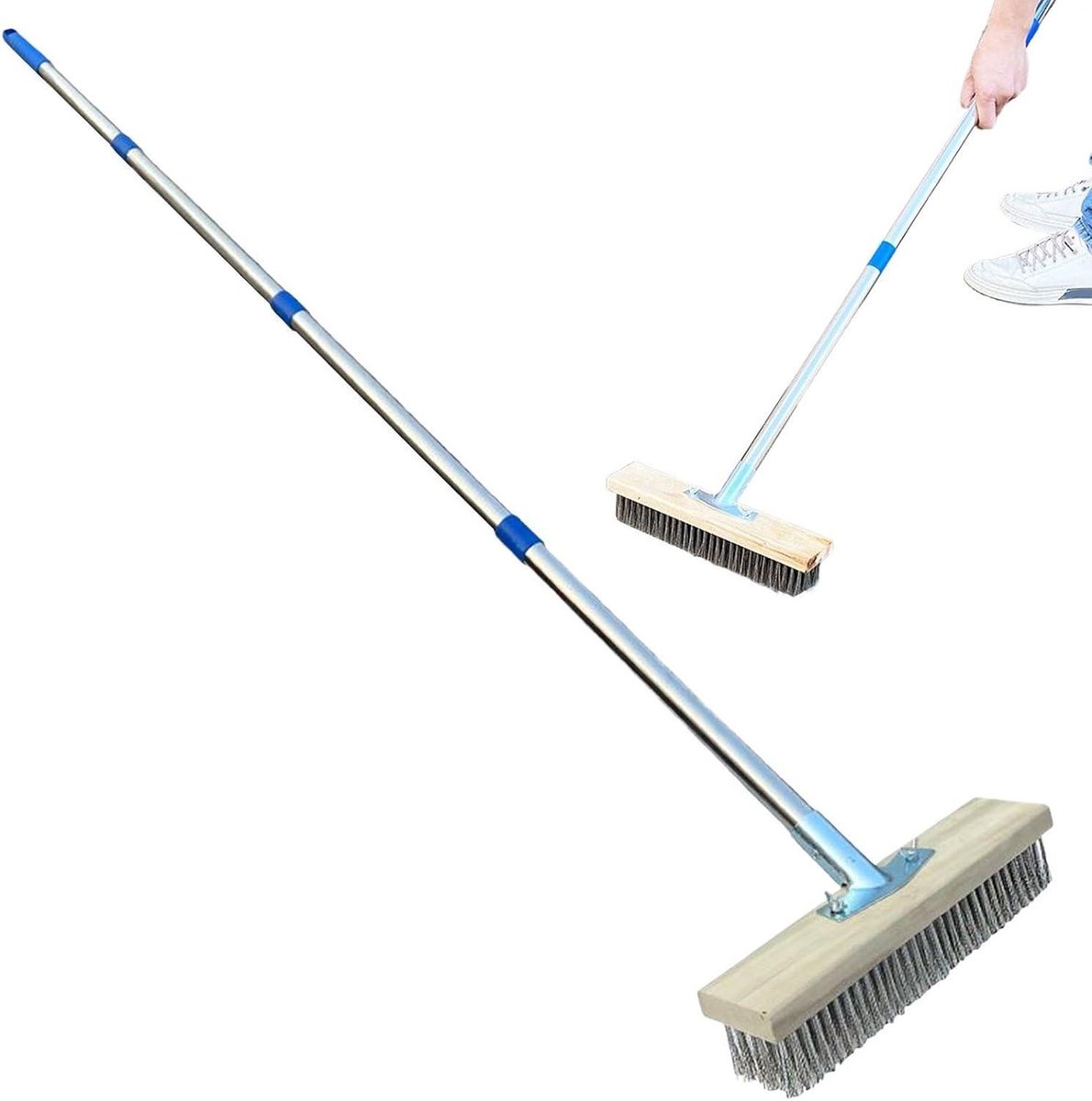 Buitenbezem - Terrasborstel Schrobmachine - Terras Reinigen - Roestvrij Staal - 165 cm - Grijs