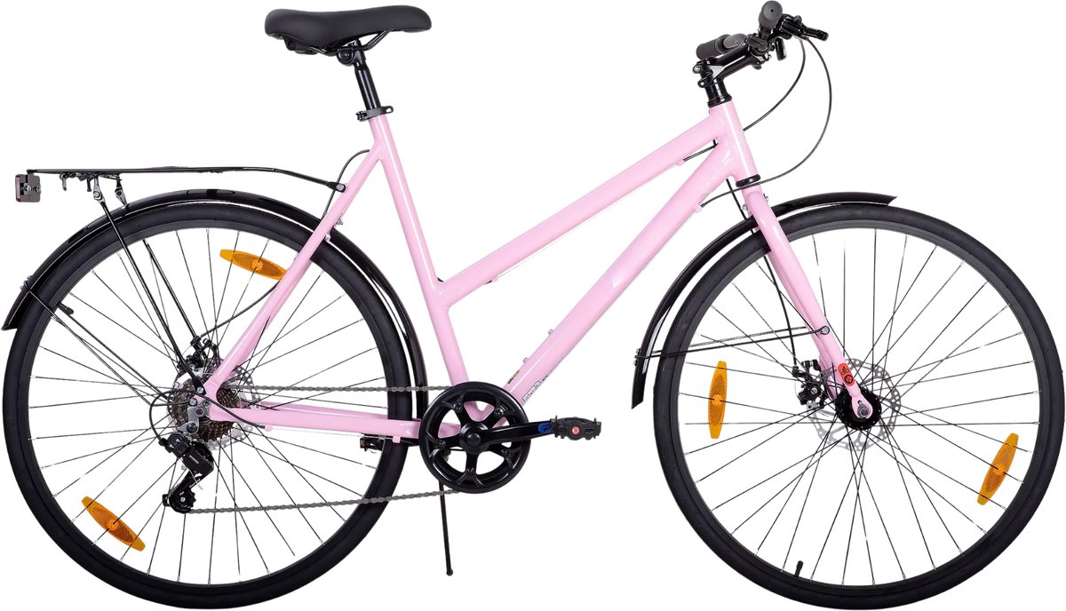 Stadsfiets 71 cm – Voor dames en heren voor woon-werkverkeer en dagelijks gebruik – Met 7 versnellingen, spatborden en bagagedrager – Roze aluminium frame