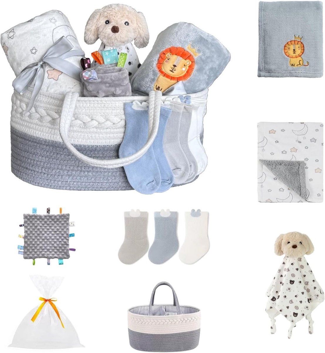 Complete Newborn Gift Set met Luiertas, 2 Dekens, 1 Taggie, 1 Knuffel, 3 Sokken en Cadeauzak - Perfect voor Babyshower en Kraamcadeau (Neutraal)