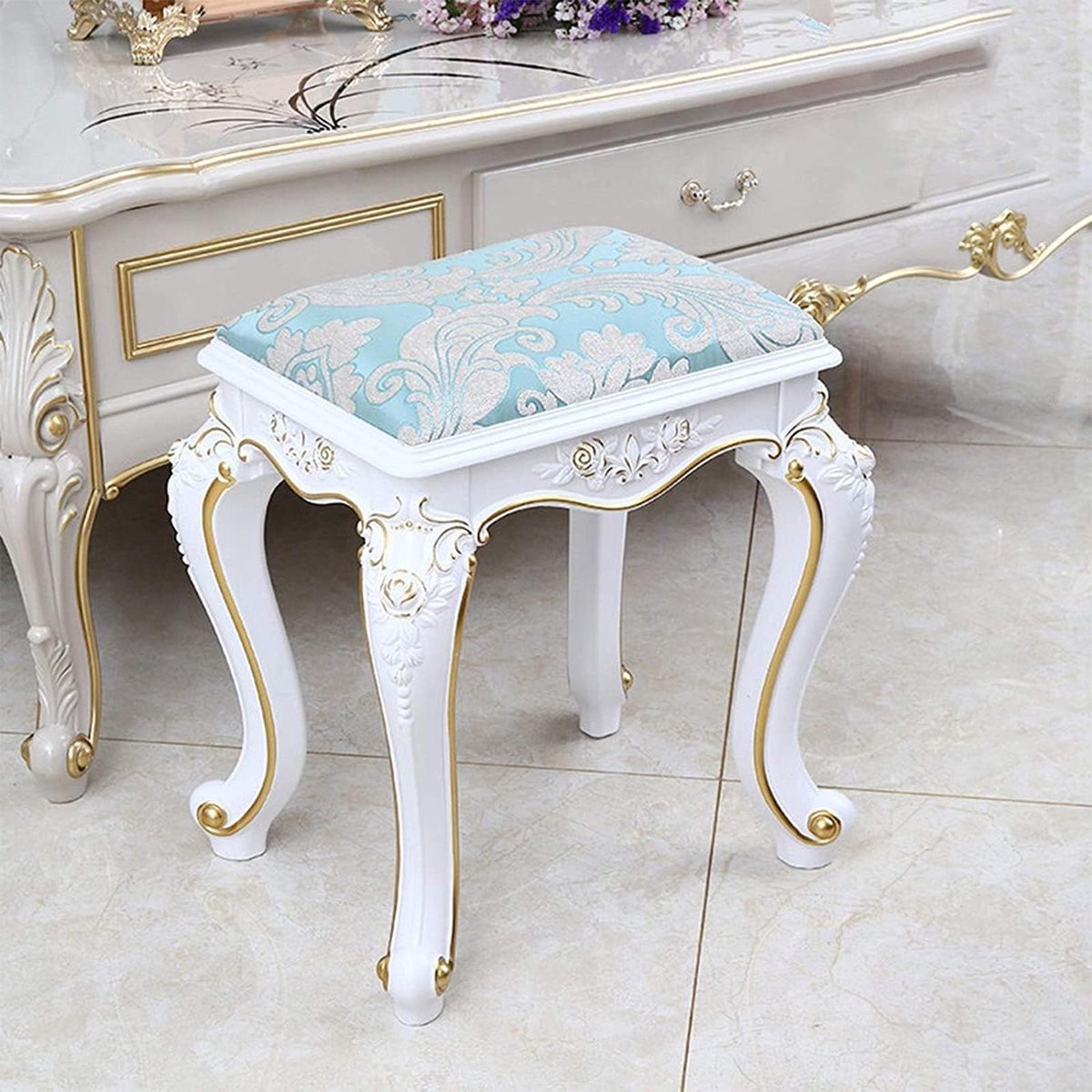 Kaptafel Kruk - Make-up Stoel - Comfortabel Zitten - Elegant Gebogen Benen - 29 x 37 x 44 cm - E