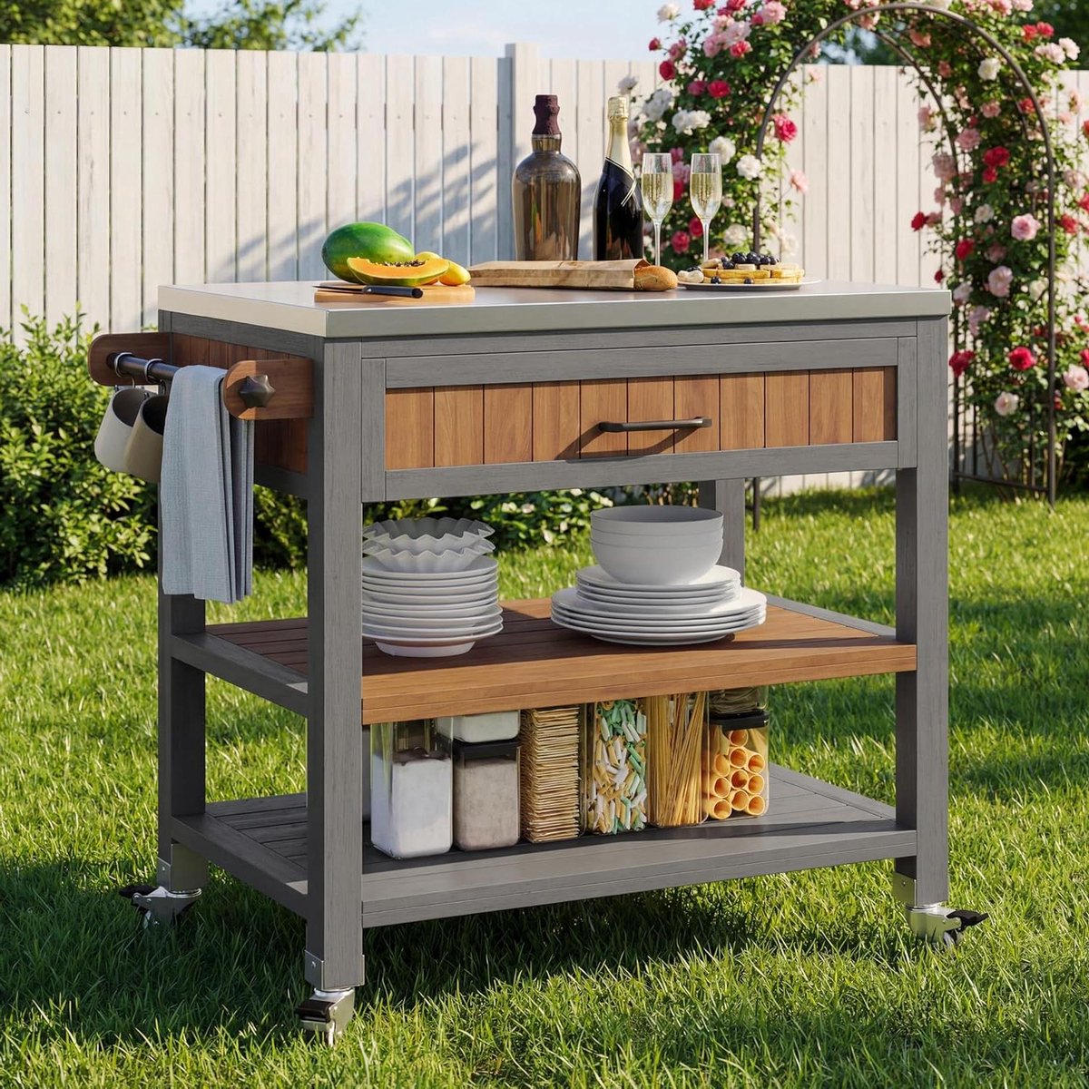 Tuinkast met Werkblad - Buitenkast Mobiel Dressoir - Buitenkeuken Organiseren - Roestvrij Staal Werkblad - 80x51x91.5cm - Houtkleur