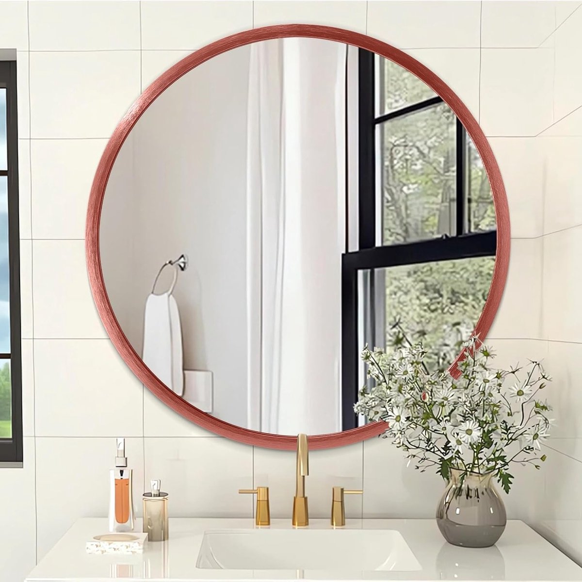 Ronde Wandgemonteerde Badkamer Spiegel van Aluminium en Staal - 16 Inch Actieve Hangspiegel voor Badkamer en Slaapkamer in Rood