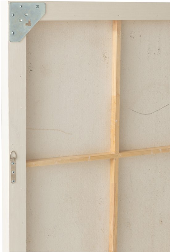 Achterkant van een schilderij met houten frame, metalen hoekversterking en ophangoog.