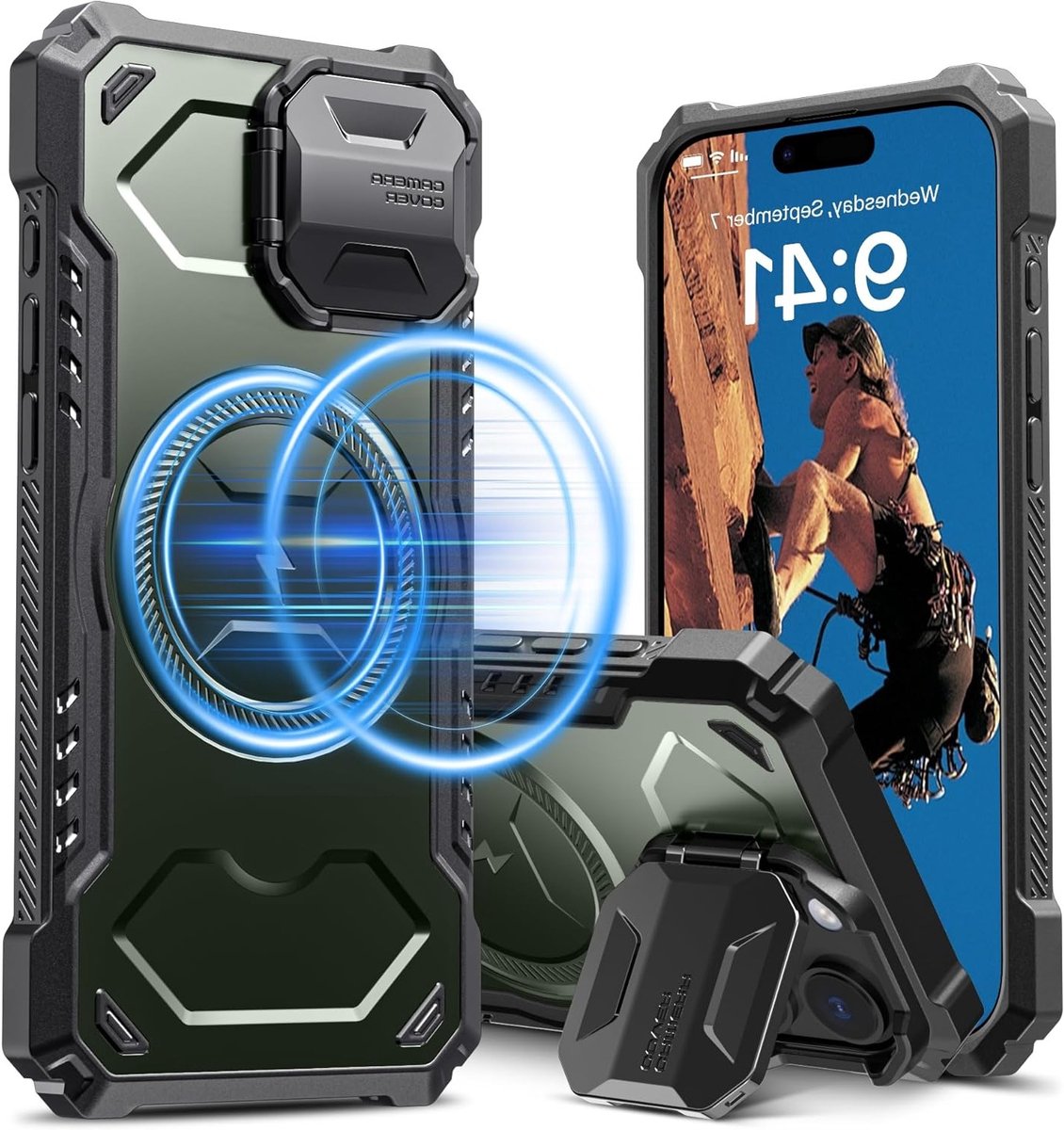 Magnetische Hoes voor iPhone 16 Pro Max met Camera Cover en Kickstand, Schokbestendig en Militaire Valbescherming, Geschikt voor MagSafe, 6.9 Inch, Groen