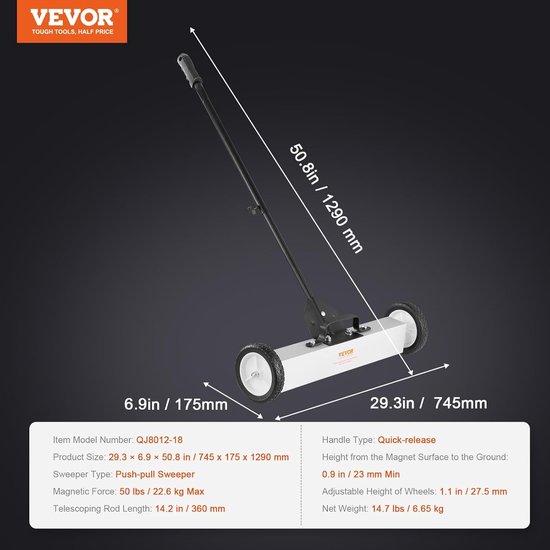 Magnetische Veegmachine - Magneet Vloer Veegmachine - Werkplaats Opruimen - Extra Brede Magneet - 77-113 cm - Zilver — afbeelding 2
