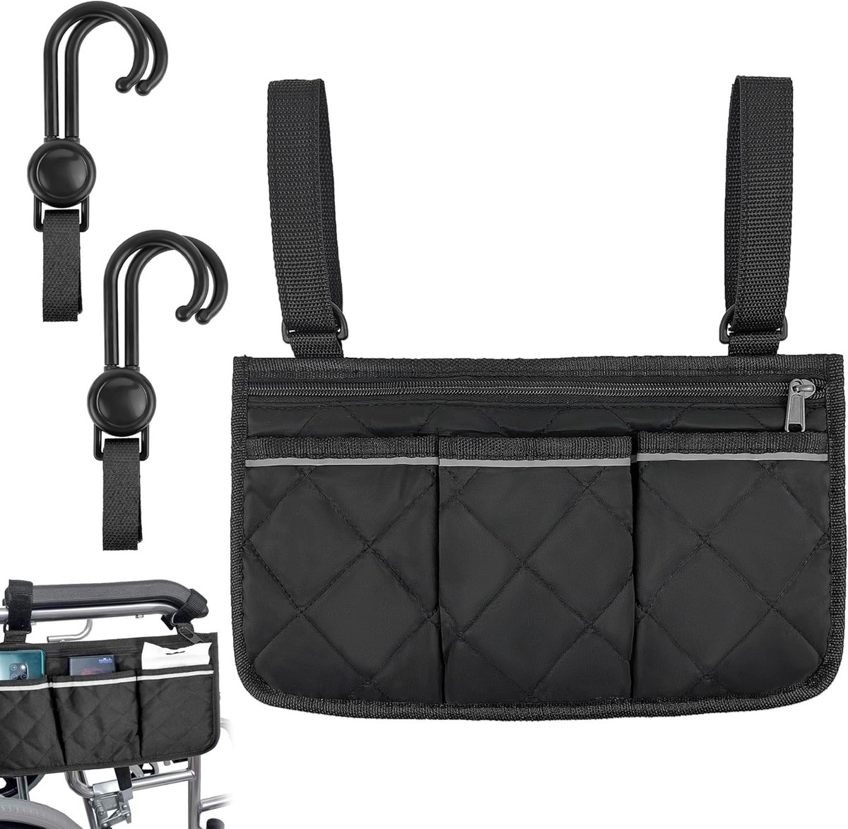 1 Wheelchair Bag, Black Wheelchair Bag with 4 Hooks for Walkers, Office Chairs, Wheelchairs, Electric Scooters, Electric Chairs (32.5 x 18 cm)
