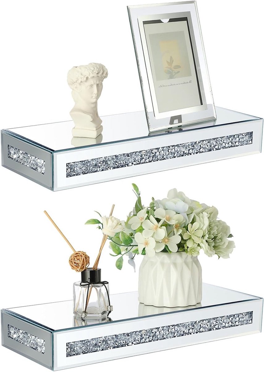 Rechthoekige zwevende glazen planken met spiegel en gescheurde diamanten, wandmontage 38 x 15 x 5.8 cm, decoratief en modern interieuraccessoire