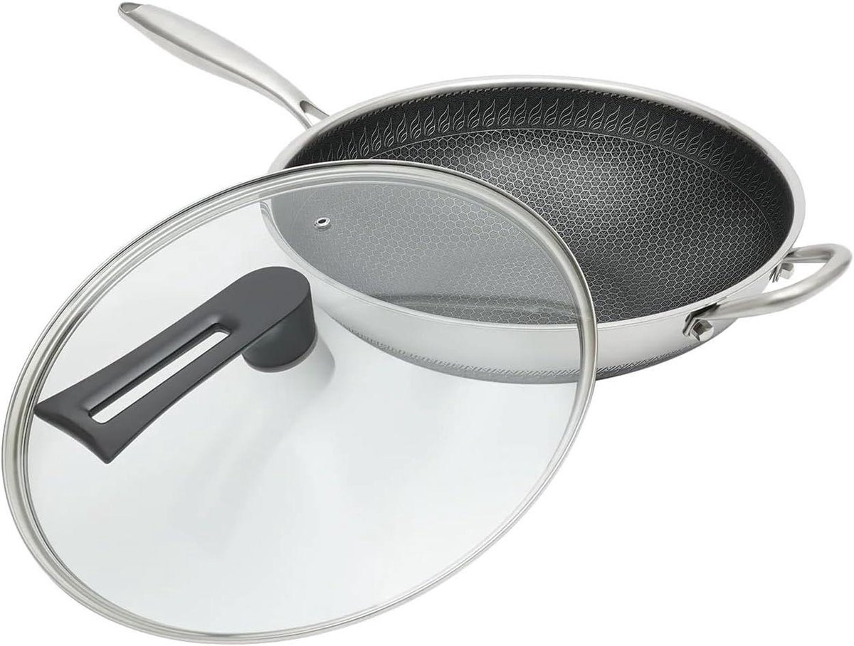 Roestvrij Staal Wok - Koekenpan - Veelzijdig Koken - Platte Bodem - 34cm Diameter - Grijs