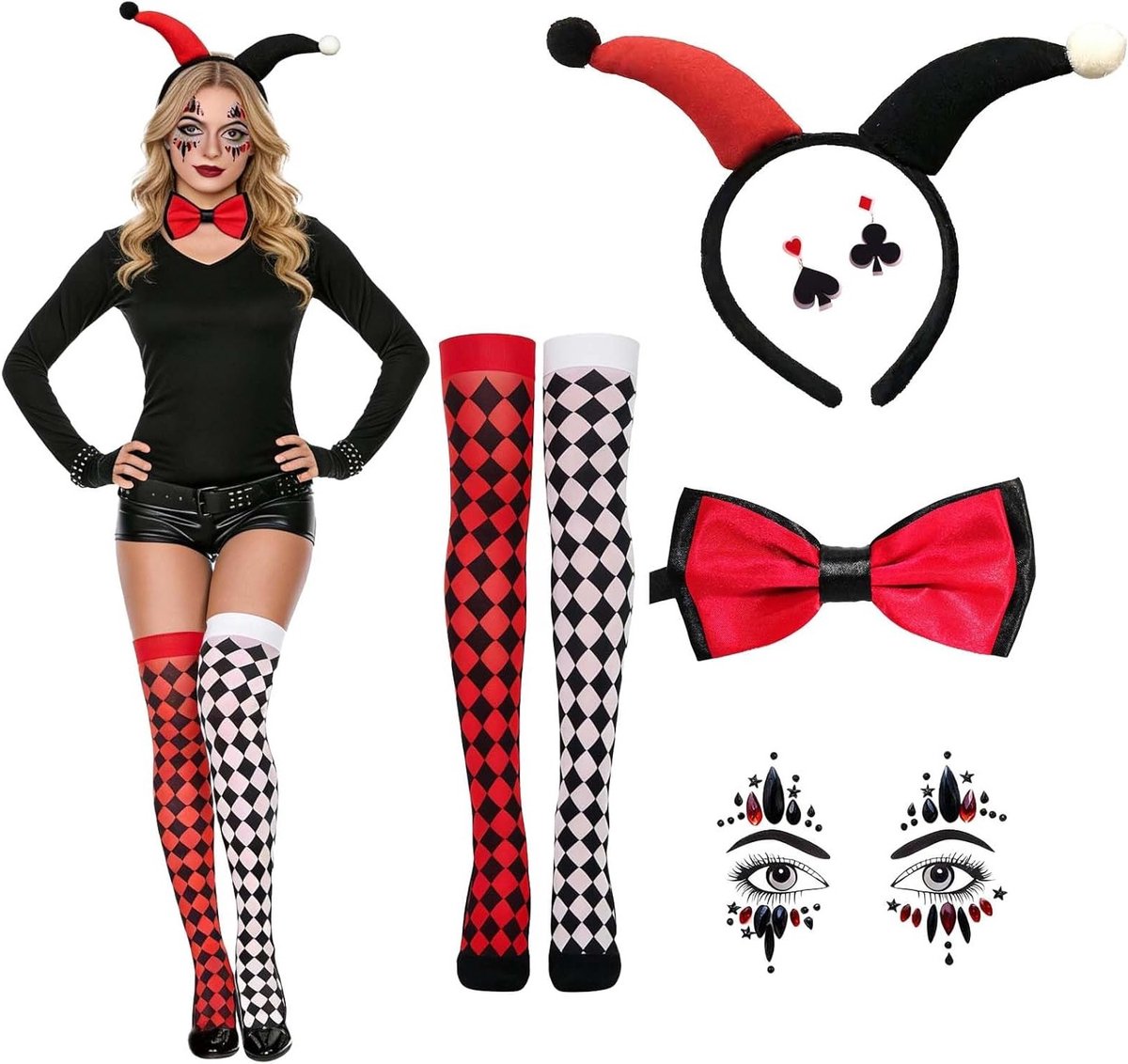 Vrouwelijk Harlequin Kostuum voor Halloween en Carnavalsfeesten - Complete Set met Hoofdband, Oorbellen, Masker, Strik en Sokken in Zwart en Rood, Unieke Kostuums voor Feestjes en Rollenspellen