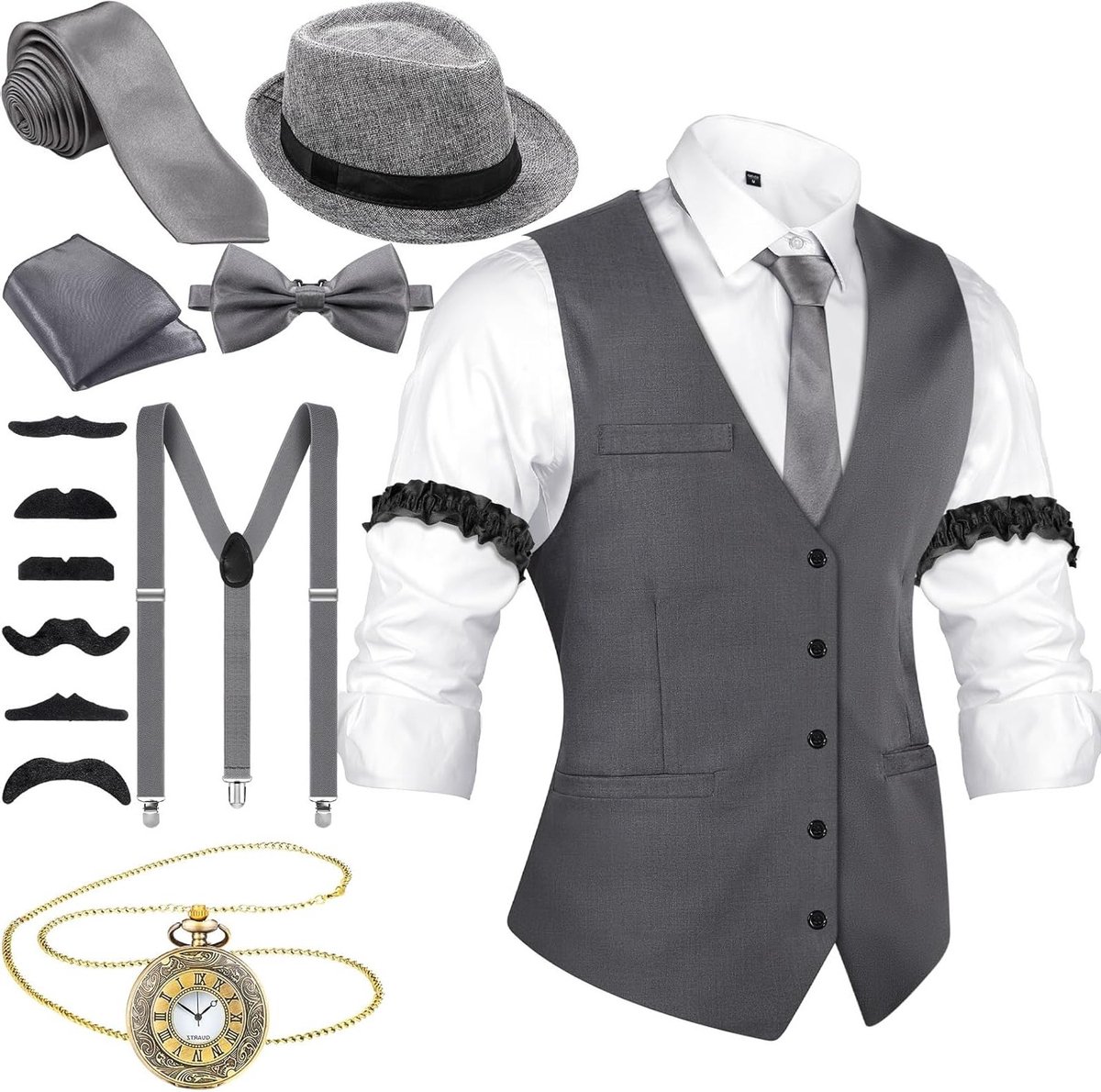 Stijlvolle 1920s Mannen Kostuum Accessoires met Vintage Gangster Vest, Fedora Hoed, Zakhorloge, Strik en Stevige Braces