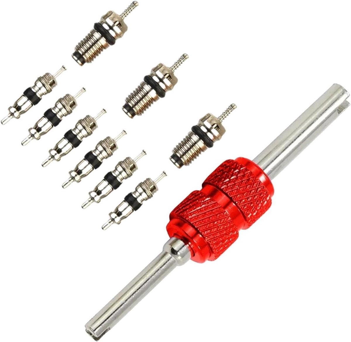 Ventielkernset - Reparatiegereedschap - Airco Onderhoud - Aluminiumlegering - 10 Delig - Rood