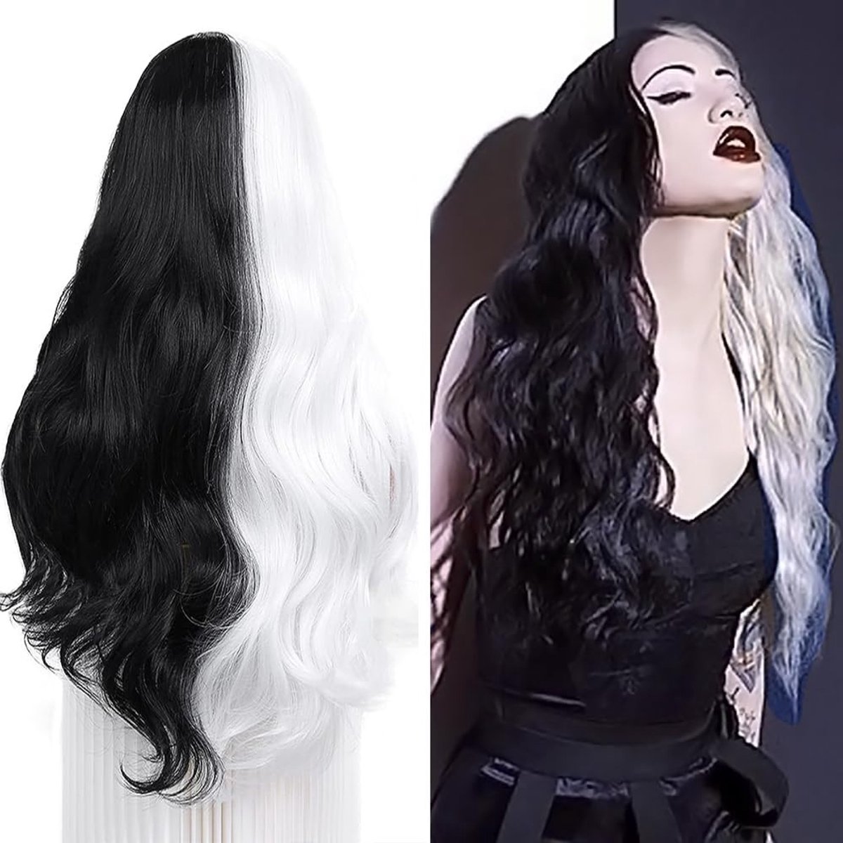 Half Black Half White Lange Krullende Golvende Peruk voor Vrouwen en Meisjes - Synthetisch, Hittebestendig, Perfect voor Halloween en Cosplay