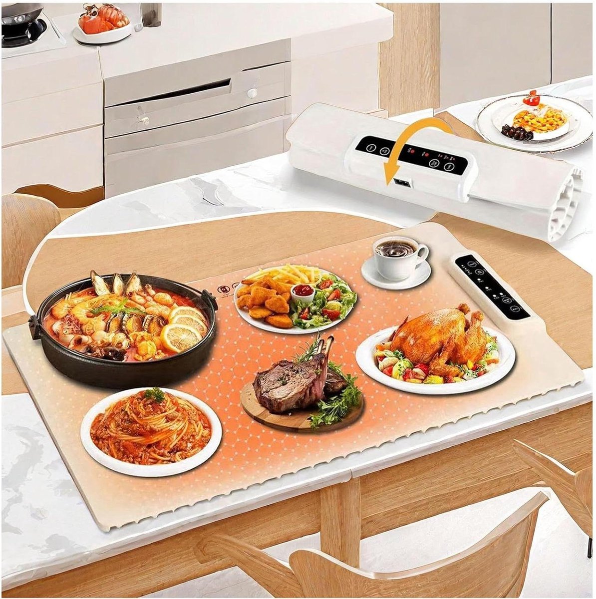Elektrische Warmhoudplaat - Opvouwbare Mat - Voedsel Warm Houden - 3 Temperatuurstanden - 60 x 38 cm - Wit