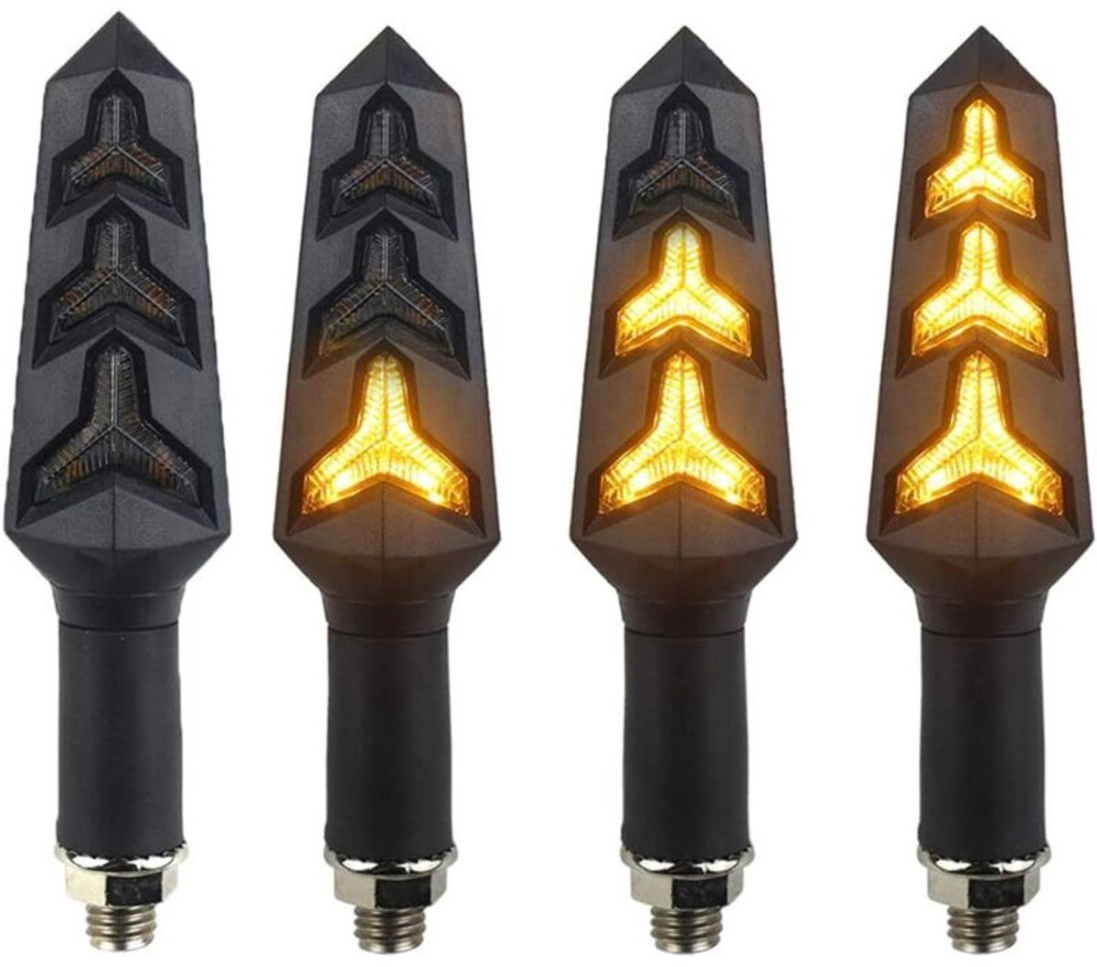 Vier verschuifbare richtingaanwijzers voor motorfietsen, 12V, 12 LED-lampjes, geschikt voor motorfietsen, scooters, quads, cruisers, offroadvoertuigen en Y-vormige voertuigen.