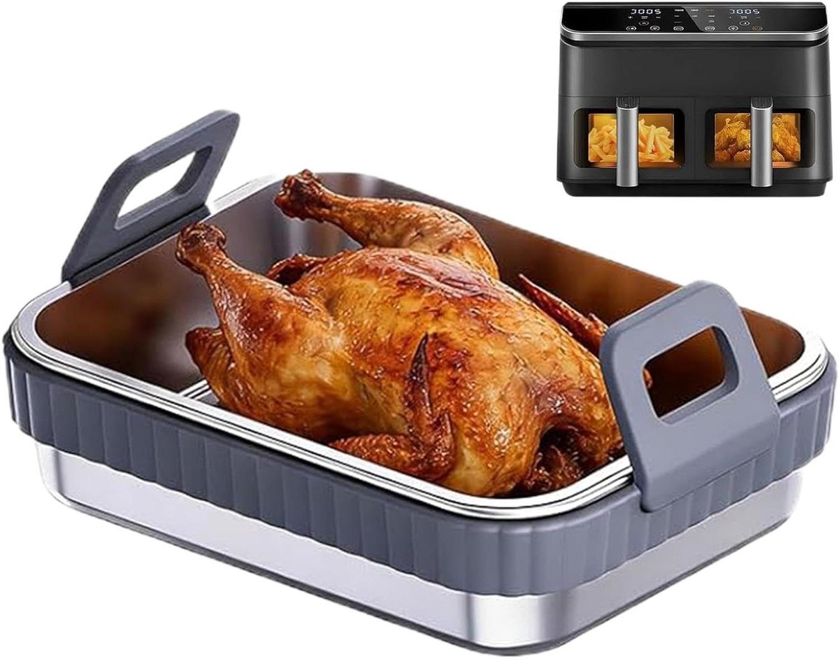 Airfryer Bakpan - Vervangende Bakplaat - Maaltijdvoorbereiding - Brandwondvrije Siliconen Grip - 19.5 x 15 x 4.8 cm - Grijs