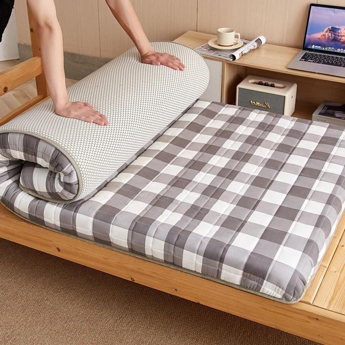 Katoenen Matras - Vloermatras Futon - Comfortabel Slapen - Drukbestendig Anti-inzak - 90x200cm - Koffie