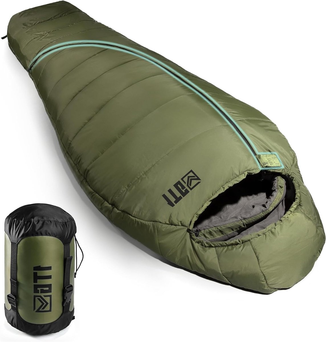 Ultralichte Mummyslaapzak voor 1 Persoon in Bosgroen voor 4 Seizoenen, Ideaal voor Kamperen, Trekking en Reizen, Gewicht 1.76kg