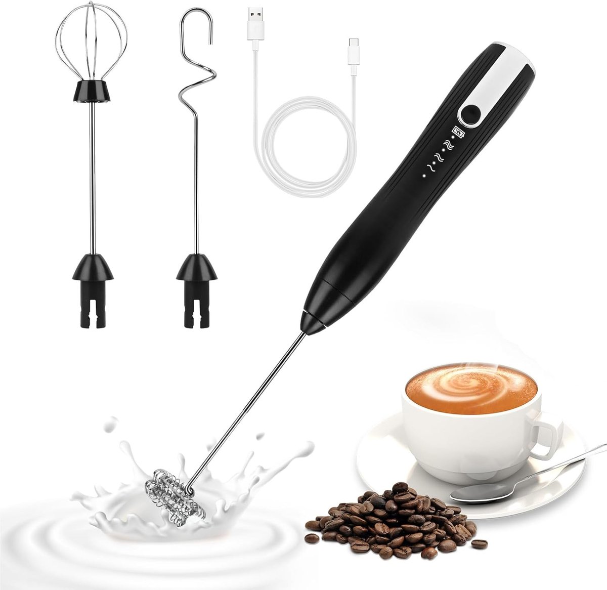 Elektrische melkschuimer, USB-oplaadbaar met 3 mengkoppen, mini-klopper met 3 verstelbare snelheden, elektrische eiklopper voor koffie, matcha, latte en cappuccino