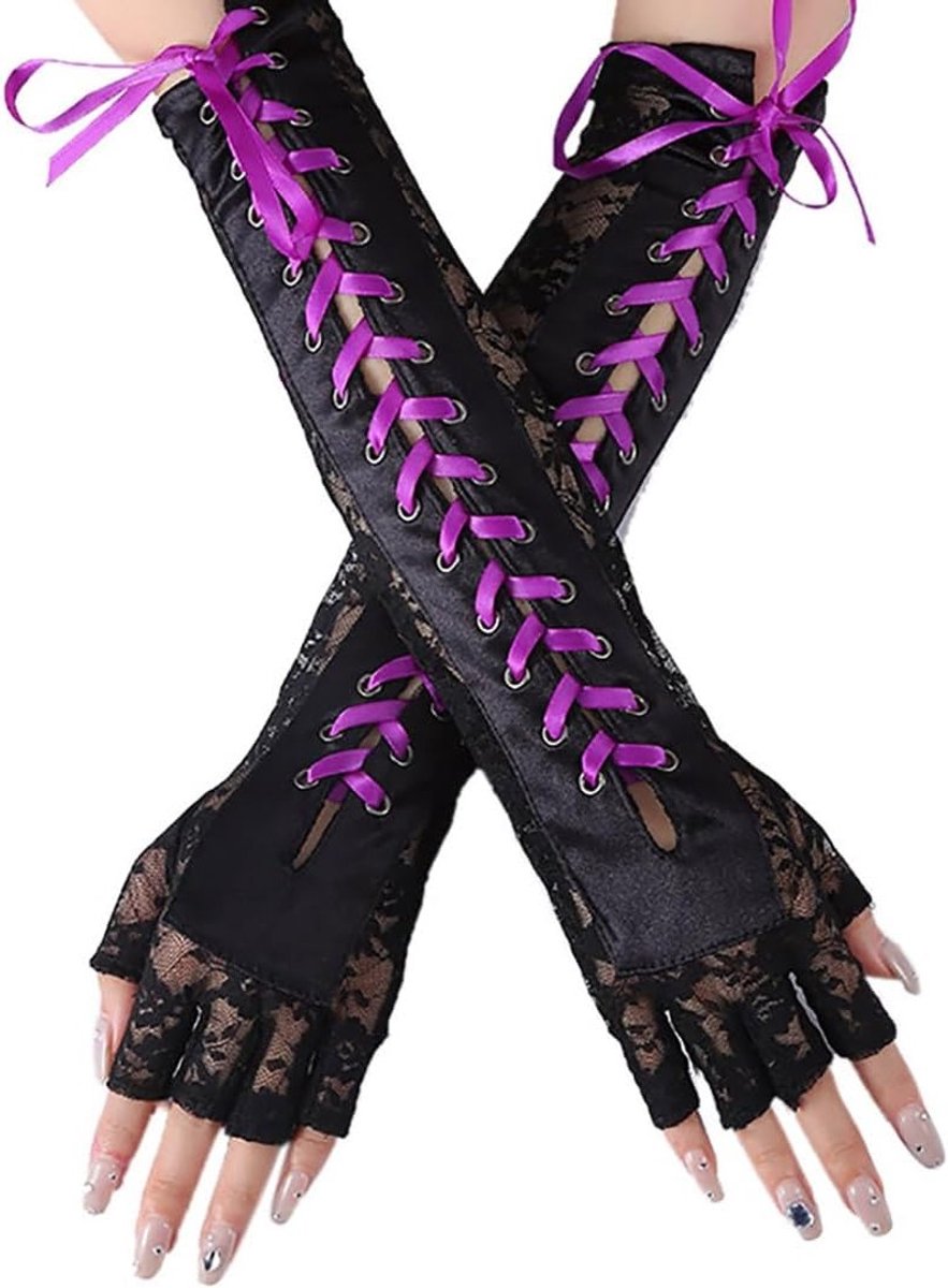 Zwarte Vingerloze Handschoenen voor Feestjes en Kostuums voor Vrouwen en Meisjes met Lange Mouwen en Bandjes, Ideaal voor Koude Dagen