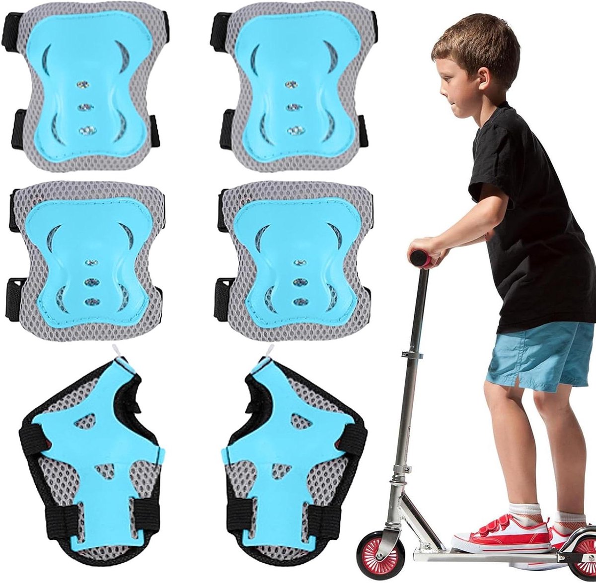 Kinder Beschermingsset - Knie Elleboog Pols - Actief Spelen - Ademend Mesh Ontwerp - 3-12 Jaar - Lichtblauw