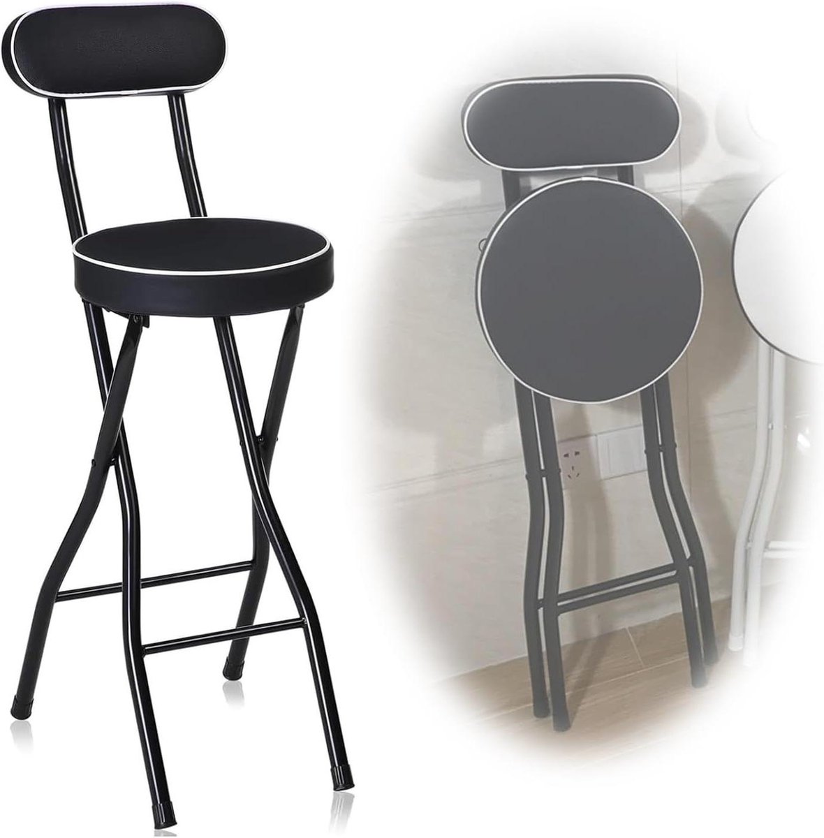 Opvouwbare barkruk - Hoge kruk - Extra zitplaatsen - Met rugleuning - 75 cm zithoogte - Zwart