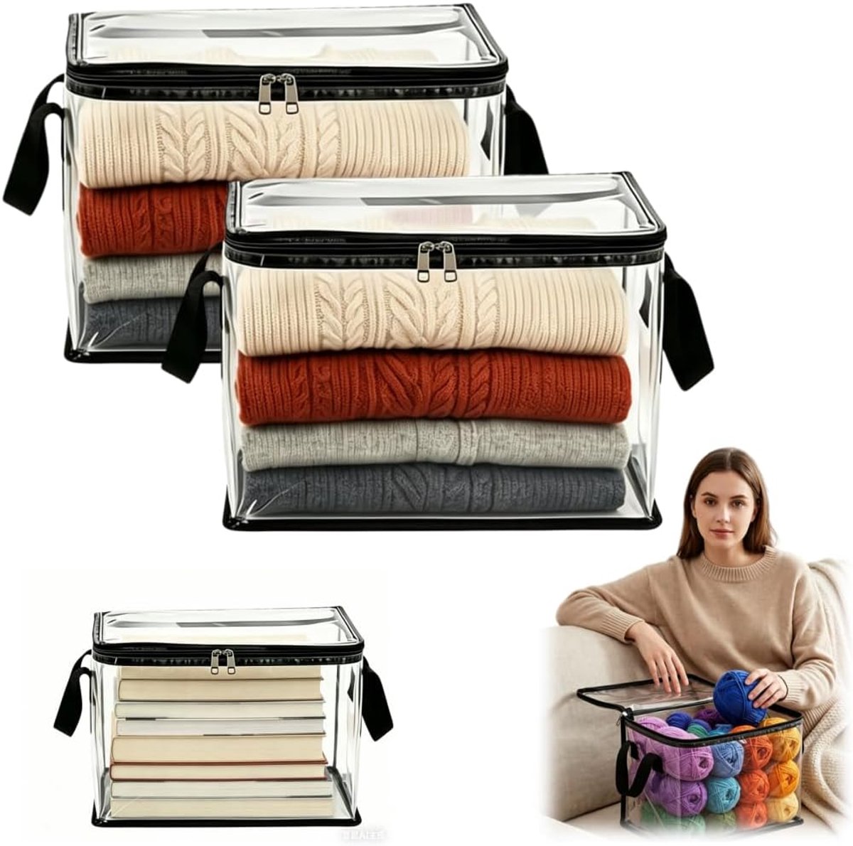 XL Transparante opbergtassen - 2 Stuks - Opbergtas en Organiser voor Kleding en Dekens / Dekbed - Kledingorganizer met Stevige Handvaten en Rits - Opvouwbaar Kledingopbergtas - Opbergzak Organizer - Waterdicht - Verhuizingen en Opslag - SOLLBRY®
