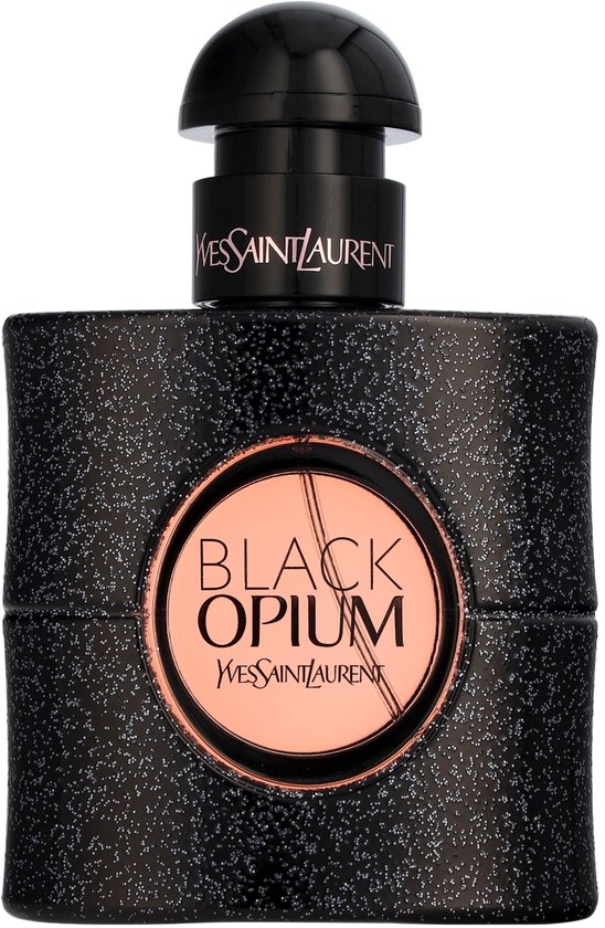 Yves Saint Laurent 'Black Opium' Eau de Parfum flesje, zwart met glitter textuur.