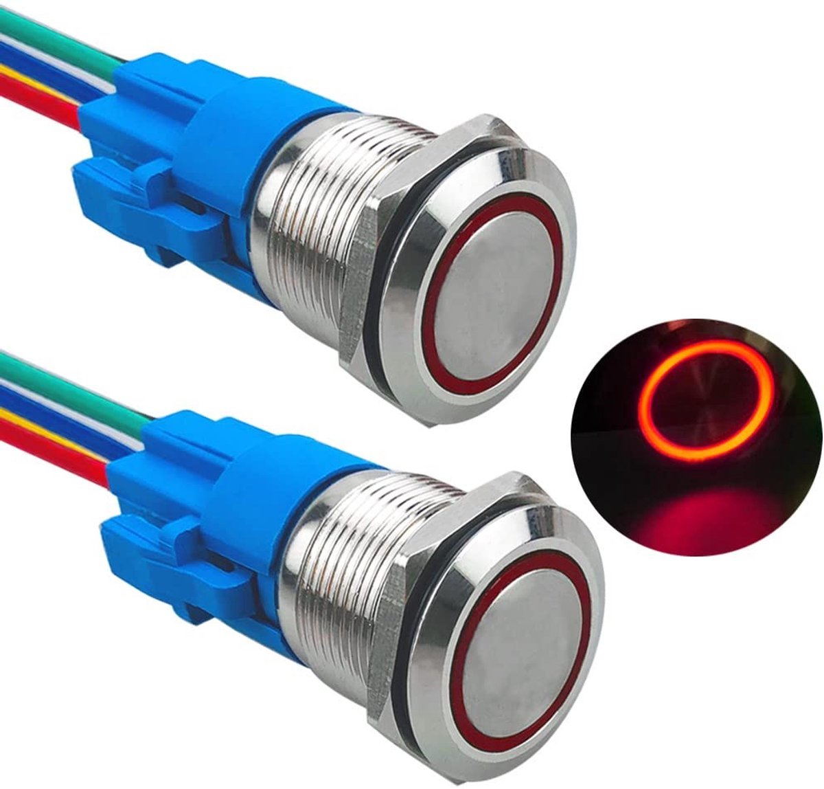 Dailygoody - Drukschakelaar - Momentane drukknop - Waterdicht IP67 - 19 mm - 12V 24V - Rood LED - Geschikt voor auto - Zilver en blauw