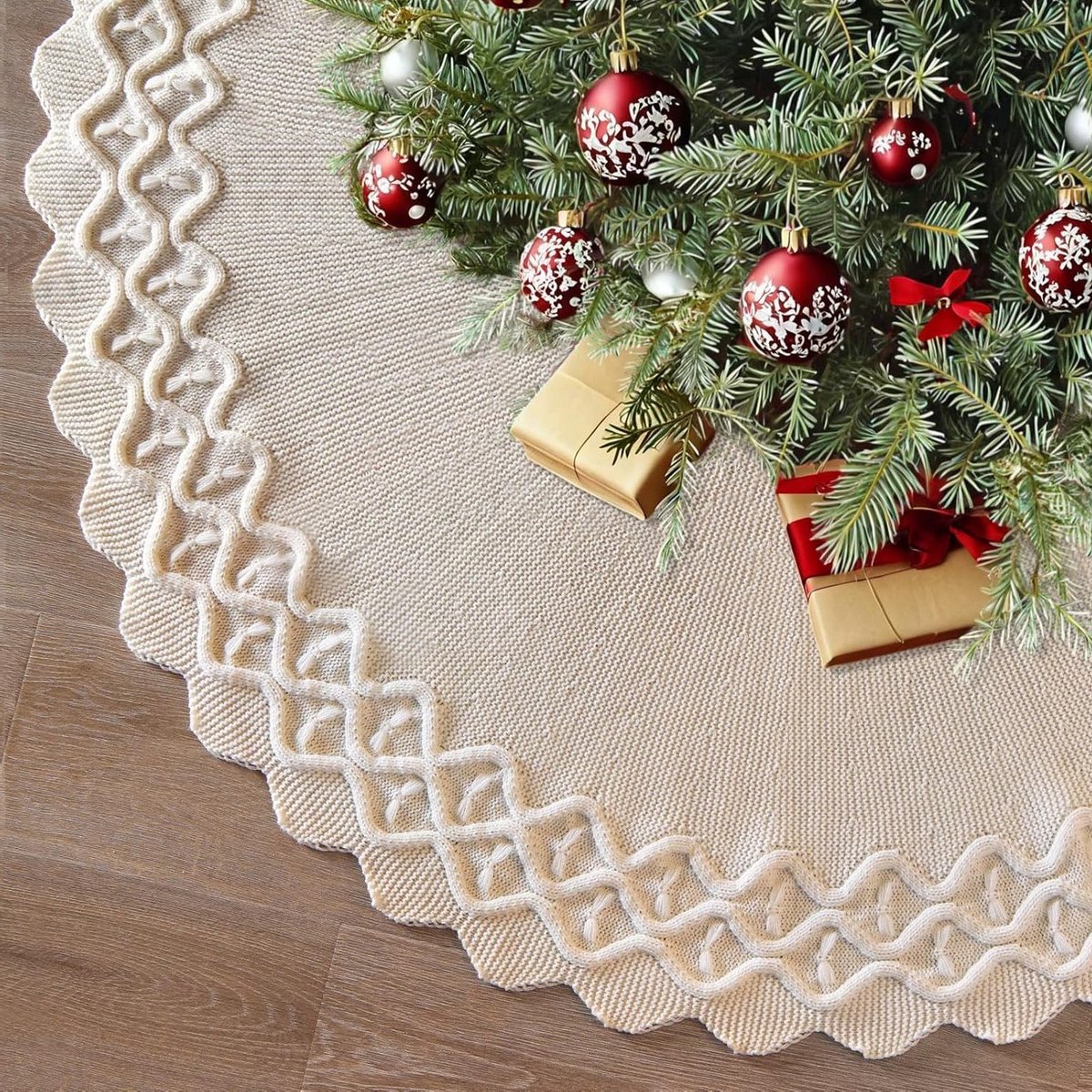 48 Inch Kerstboomrok, Witte Kabelgebreide Kerstboomrok, Dikke 3D Geweven Basisbedekking voor Feestdagen en Kerstdecoratie