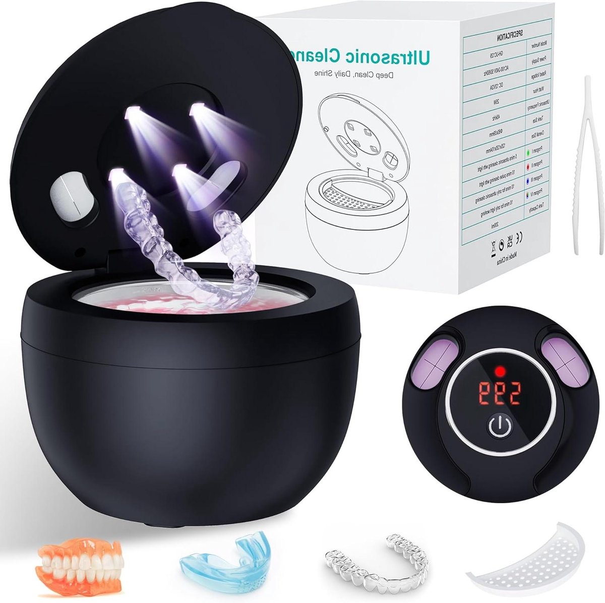 Ultrasone reiniger - Reinigingsapparaat - Mondhygiëne verzorgen - 45 kHz technologie - 200 ml inhoud - Wit