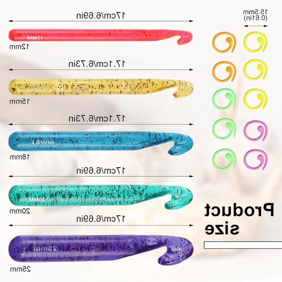 Set van 5 Haaknaalden in Transparant Groen van 12mm-25mm met Metalen Marker Clips, Ideaal voor Haken van Sweaters en Tapijten — afbeelding 5