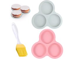 2pcs 10cm Round Air Fryer Molds with 1 Oil Brush, Silicone Omelette, Cake Mould, Non-Stick Waffle Plate, Baking Tool, Pink, Grey