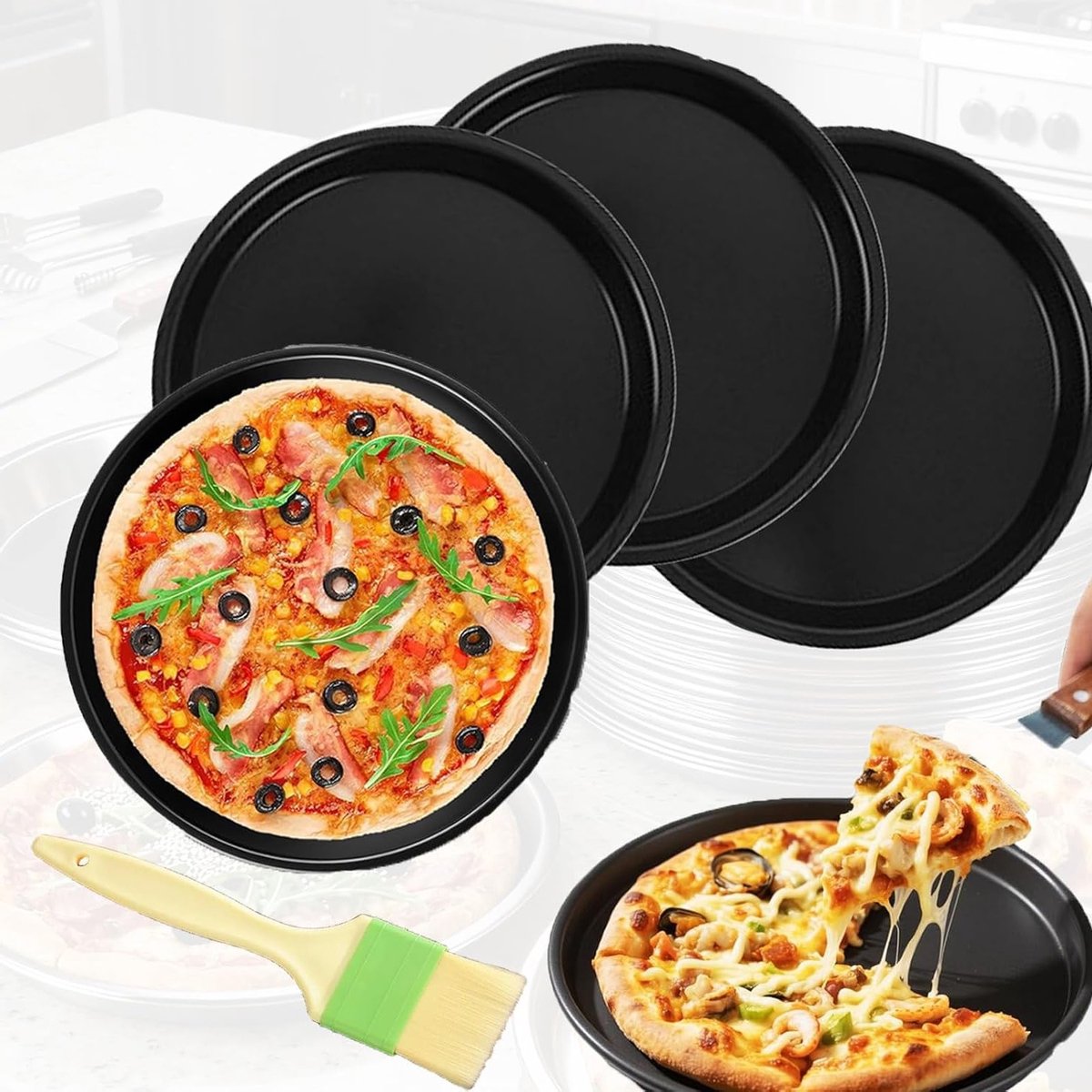 Ronde Pizza Platen van RVS met Baktray en Oliekwasten voor Pizza, Koekjes en Brood - 16,5 cm en 15,5 cm