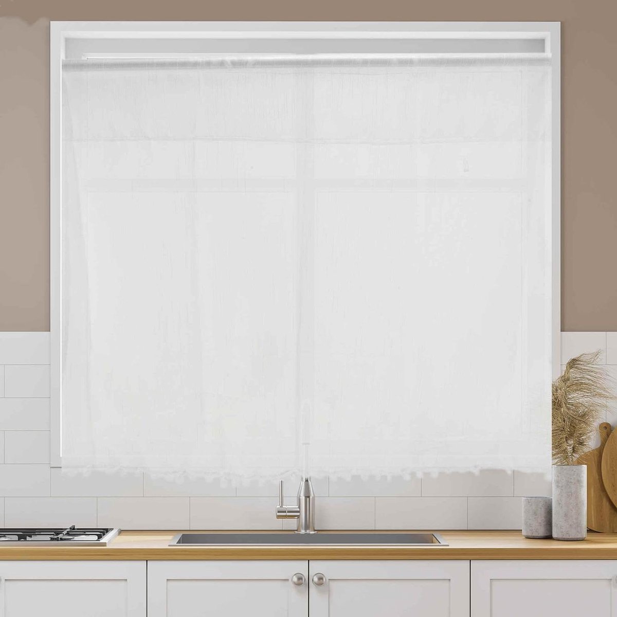 Keukengordijnen Kant Gordijnen - Korte Gordijnen Badkamer - Privacy Creëren - Lichtfilterend Semi-transparant - 43 x 100 cm - Wit
