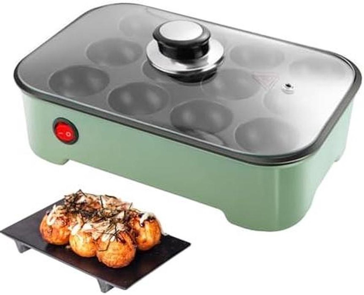 Takoyaki Maker - Octopusballetjes Pan - Japanse Snacks Maken - 12 Gaten - 25.5x17x7.5 cm - Zwart/Groen