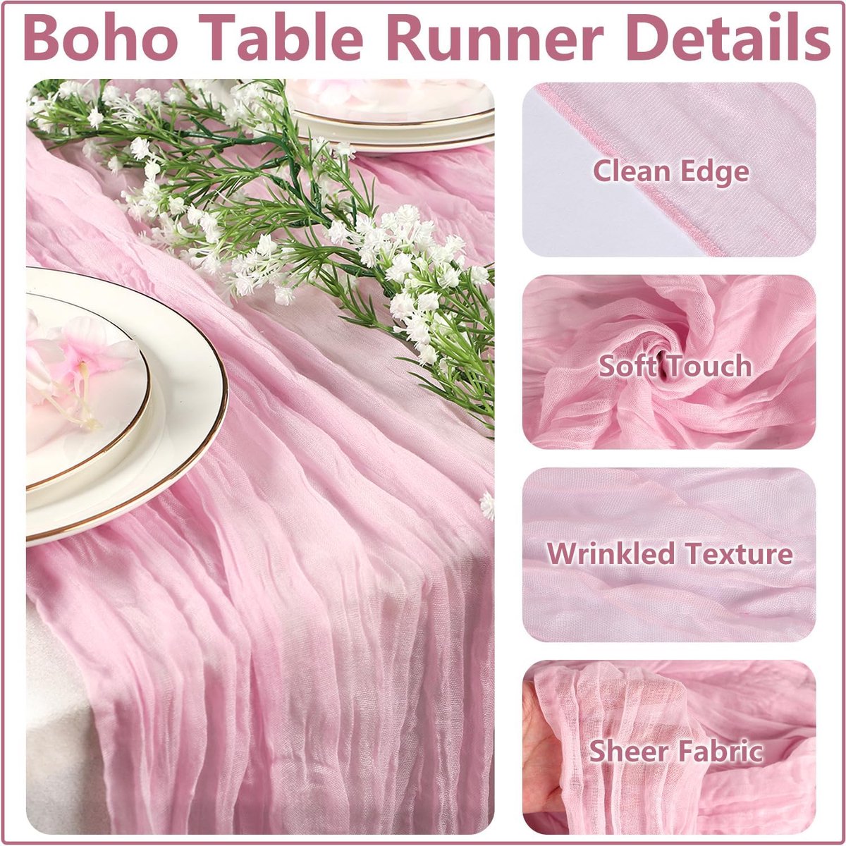 Kaasdoek Tafelloper - Gaas Loper - Tafeldecoratie - Handmatig Verfproces - 90 x 400 cm - Roze