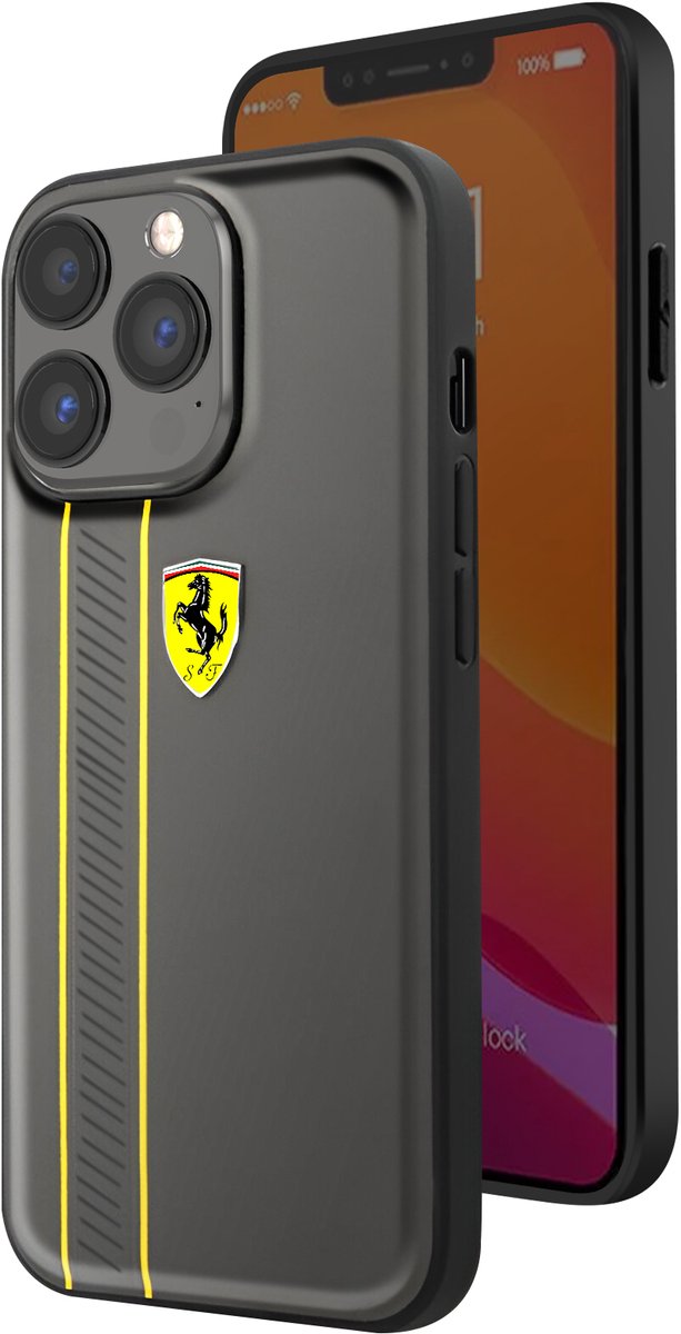 Ferrari, Luxe lederen hoesje Geschikt voor Apple iPhone 13 Pro streepmodel, Donkergrijs