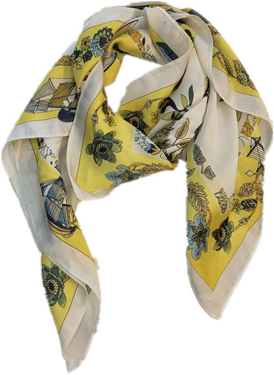 Zijden Sjaal - Bloemige Foulard - Stijlvol Accessoire - Zachte Polyester Satijn - 90x90cm - Geel