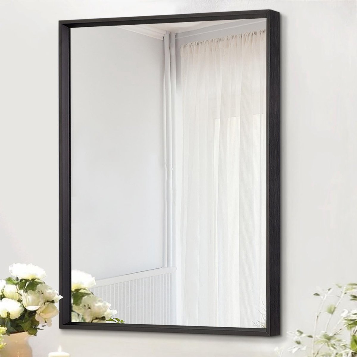Rectangulaire Zwarte Wandspiegel met Metalen Frame, 50 x 40 cm, Decoratief voor Slaapkamer, Badkamer en Woonkamer, Verticaal of Horizontaal Gebruik