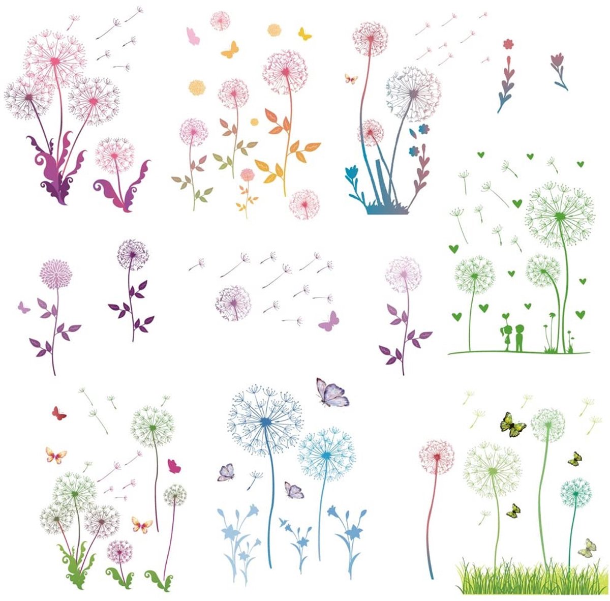 ONF3 - Dandelion Wandstickers - Kleurige Plantenstickers - Voor Raam en Muurdecoratie - Decoratieve stickers - Interieur decoratie - Leuke wandv...